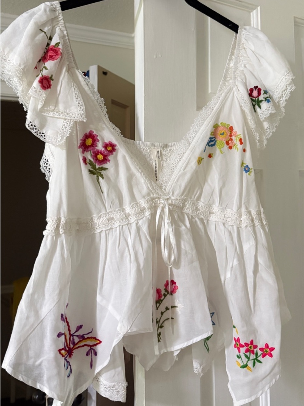 Anthropologie White Top with Pink & Yellow Floral Embroidery